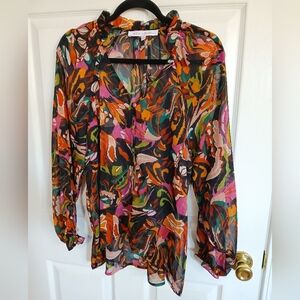 Meet Me In Santorini Colorful Black Ikat Estelle Top Button Front Sheer Boho